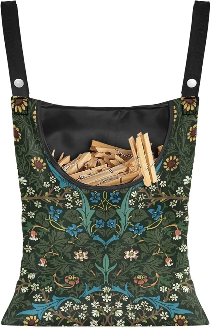 Vintage Scabious Leaf Print Reinforced Clothespin Holder Bag 14.5x12in - Large Capacity Storage with Easy Access Design - Weatherproof Hanging Organizer for Backyard Clotheslines