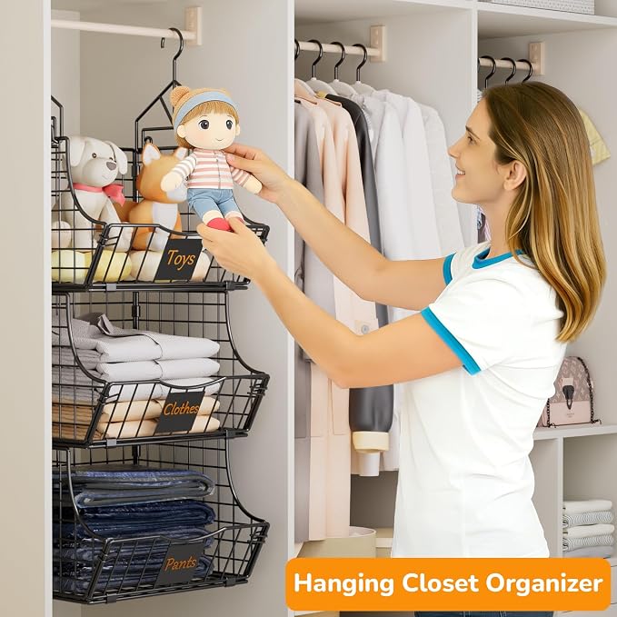 Hanging Closet Organizers and Storage, 6 Tier Closet Shelf Clothes Organizer with 2 S-Hooks, Multi-Functional Iron Wire Baskets, for Clothing, Sweaters, Handbags, Hat, Canned