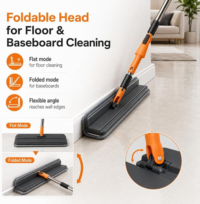 Microfiber Flat Mop for Floor Cleaning, Foldable Floor Mop with 2 Washable Pads & Hair Removal Comb, Adjustable Long Handle Dust Mop for Hardwood Tile Laminate, Wet & Dry Baseboard Cleaner