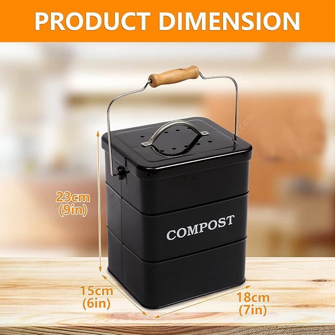 Stainless Steel Compost Bin for Kitchen Countertop Compost Bin，1 Gallon, Kitchen Trash Can -Includes Charcoal Filter，Compost Bucket Kitchen Pail Compost with Lid-Black