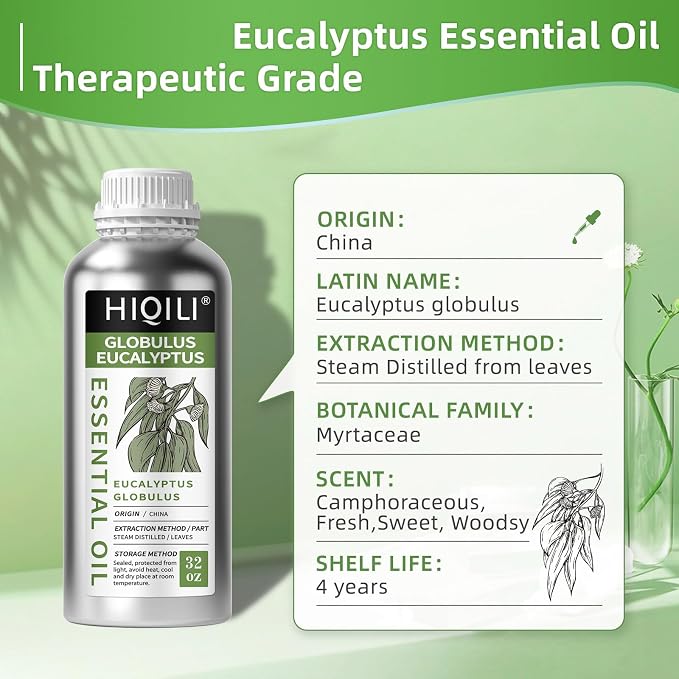 HIQILI Eucalyptus Essential Oil for Spray, Diffuser & Skin | with Four Travel Vials, Massage and DIY Creations, Diffuse for a Clear Surrounding —1000ml / 32 fl oz