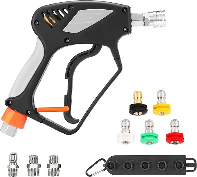 PWACCS Short Pressure Washer Gun with Swivel, 5000 PSI, Black | Power Washer Gun, 3/8" Quick Connector, M22 14mm/15mm Fitting, 5 Nozzle Tips with Holder