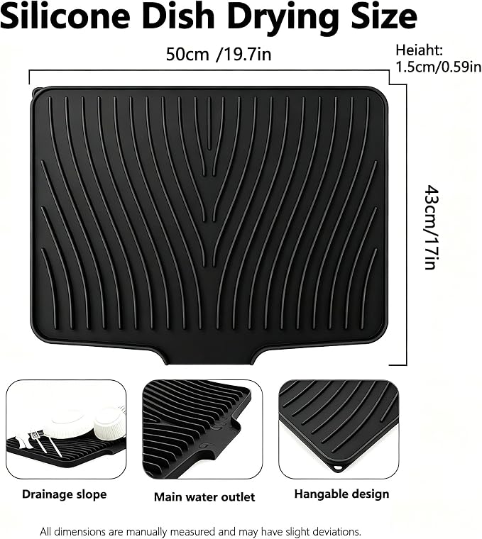 EBIGIC Silicone Dish Drying Mat, 19.7"*17" Dish Drying Pad,Kitchen Accessories,with Built-In and Non-Slip Drain,Easy Clean, Fit for Kitchen, Bar, RV, Refrigerator and Drawer Liner, Black