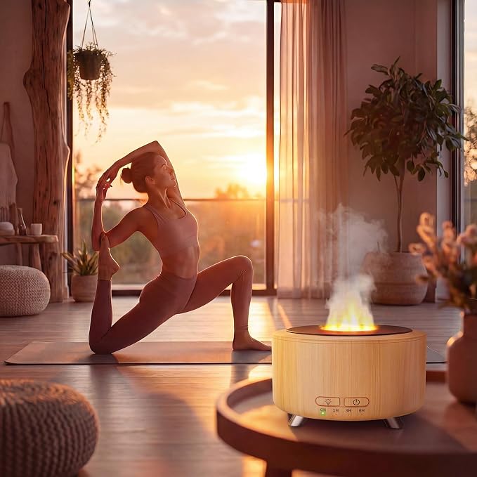 500ML Retro Vinyl Essential Oil Diffuser for Home | 3D flame effect & 9 colors. 500ml tank lasts 14H for deep sleep. BPA-free with auto-off ensures safety for babies and pets.