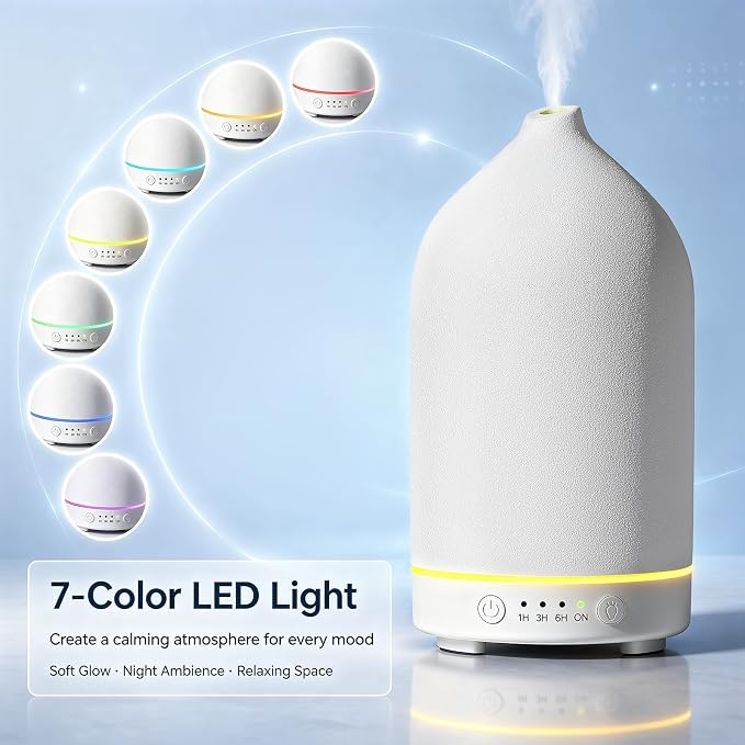 200ML Ceramic Essential Oil Diffuser for Home, Stone Diffuser | Ultrasonic Aromatherapy Diffuser & Air Humidifier for Bedroom, Office, Yoga, 7 LED Lights, Auto Shut-Off, 3 Timers, White