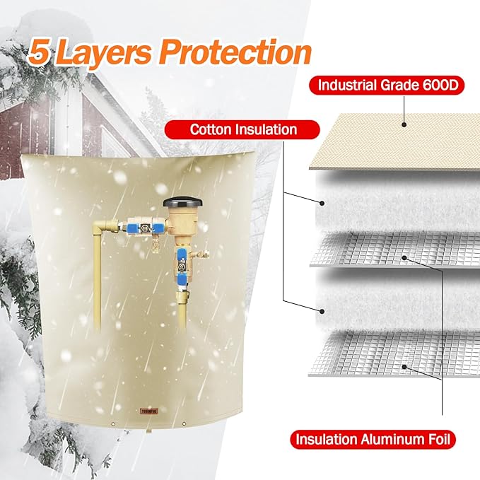 Backflow Preventer Pipe Insulation Cover (5°F) - Irrigation Sprinkler Valve Insulated Pouch - Water Well Pump Cover - Sturdy 5 Layers for Winter Freeze Protection, 28" W x 44" H, Beige