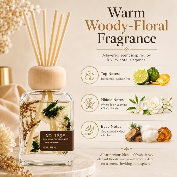 No. 1898 Reed Diffuser Inspired by Ritz Carlton,3.4FL OZ | Luxury Hotel Collection Long-lasting Fragrance for 12 weeks, Flame-free, Non-toxic,Safe for Home&Office,An Elegant Gift