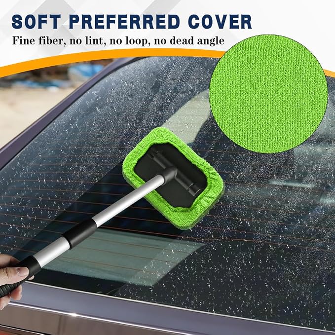 Windshield Cleaning Tool, Car Window Cleaner, Vehicle Window Cleaner with Extendable Handle & 2 Washable Microfiber Pads, Car Interior Glass Wiper Cleaning Kit for Most Vehicles (Green)