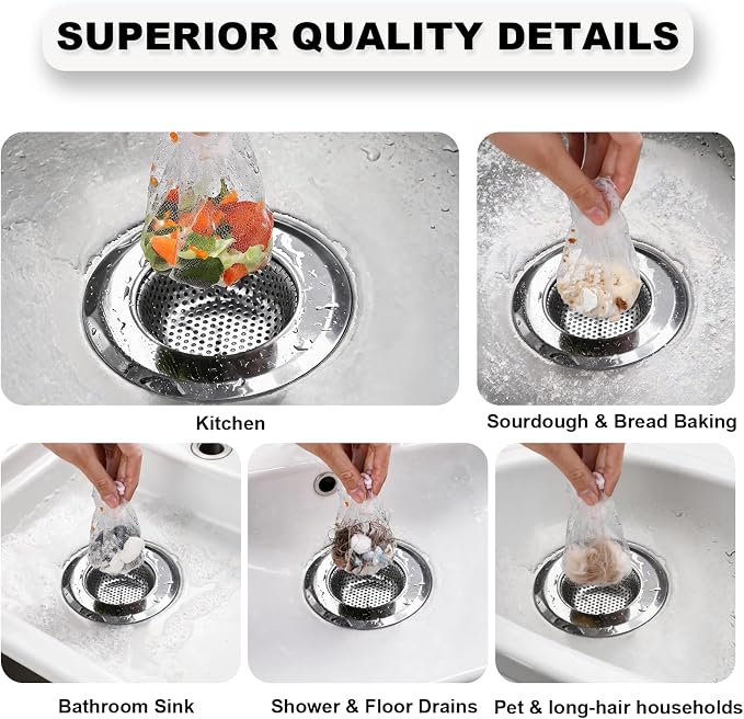 WYIRONG 250 Pack Disposable Drain Covers, Disposable Mesh Sink Strainer Pouches for Sourdough, One Use Sourdough Drain Catcher Mesh Cover Nets for Kitchen Sink, Strainer Pouches Kitchen and Bathroom