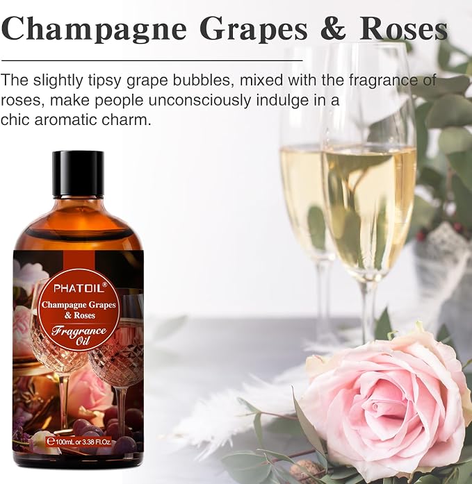 Champagne Grapes Roses Fragrance Oil for Diffuser Aromatherapy 3.38FL.OZ | Long Lasting Scented Oils For Humidifier, Air Freshener, DIY Soap Candle, Scent Project Making, Aroma Oil for Home Freshening