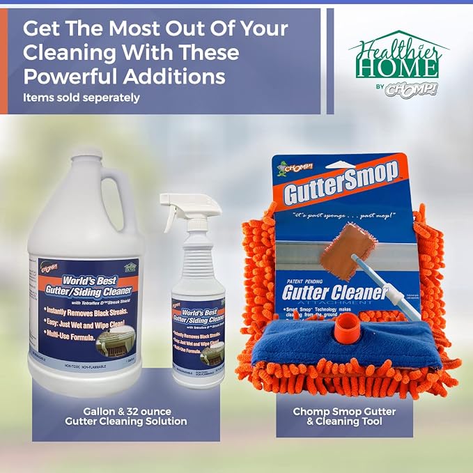 CHOMP! World’s Best Gutter Cleaner: Ultimate Gutter Cleaning Solution for All Types of Rain Gutters, Siding and Metal Trim - Instantly Clean Black Streaks, Filth, Dirt - 32 oz