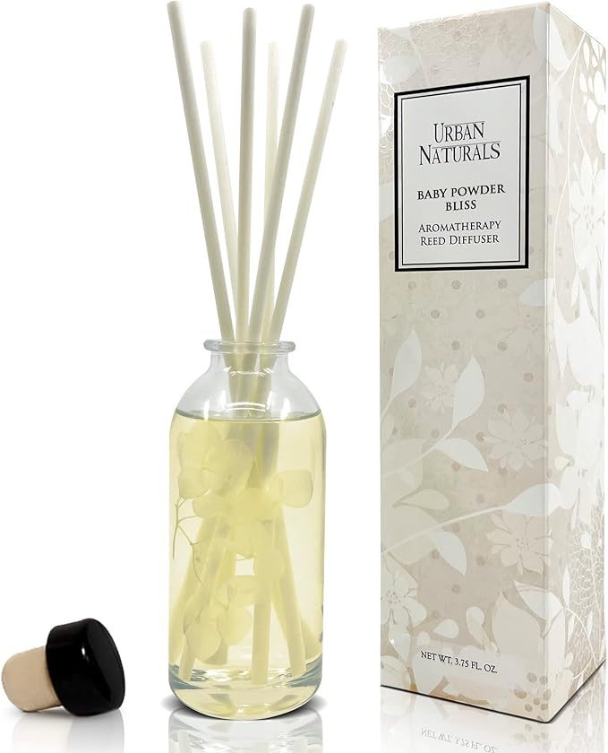Reed Diffuser Set, Baby Powder Bliss - Bathroom Shelf Décor | Bliss, Made with Essential Oils & Real Botanicals, Powdery Floral Notes, Rose, Geranium, Musk & Cedar, Makes a Great Gift