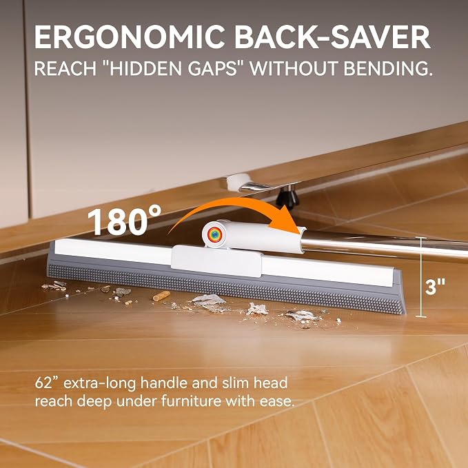 Magic Squeegee Broom for Floors, 62 in Handle, Rubber Pet Hair Remover | Works on tile, concrete, carpet and windows; includes 2 microfiber pads for wet and dry cleaning
