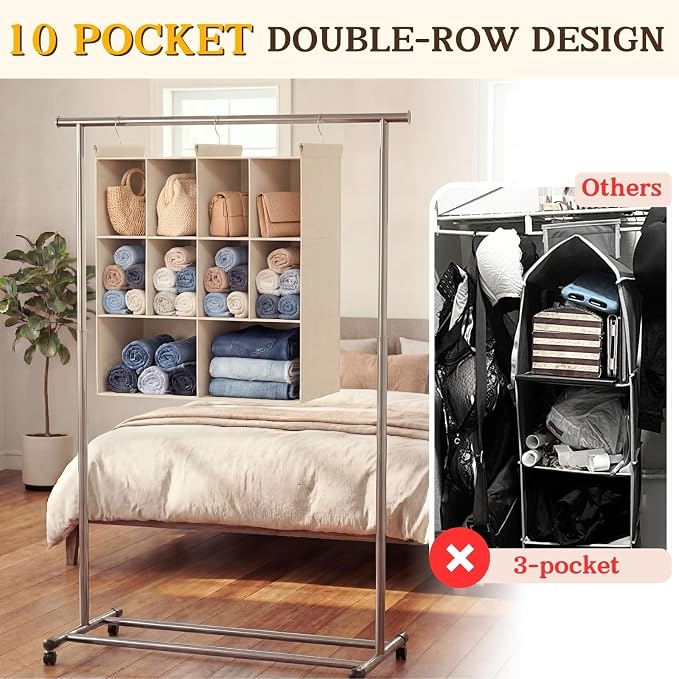 3 Tier Hanging Closet Organizer, 10 Compartments Dual Row Storage, Beige | Closet Organizers and Storage with Large & Small Pockets, 3 Sturdy Hooks Support Heavy Loads, for Dorm, RV, Garment Rack