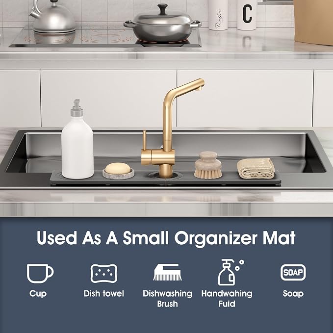 Quick Drying Stone Faucet Mat for Kitchen Sink - Diatomite Sink Mat Absorbing Stone Tray for Bathroom Counter, Sink Faucet Splash Guard Water Protector Matt for Kitchen Counter(Gray, 17.7"x3.9")