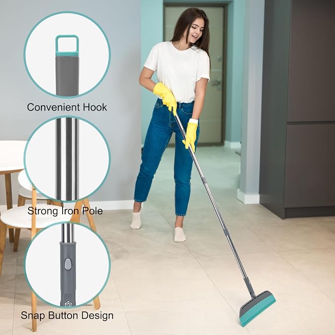 Multifunction Rubber Air Broom, Silicone Floor Squeegee Broom with 59" Long Handle, Scraping Broom for Floor Bathroom Kitchen Shower Tile Pet Hair Fur Marble Glass Water Window Foam Cleaning, Blue