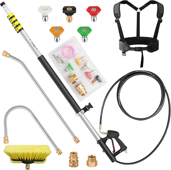 24 FT Telescoping Pressure Washer Wand Extension with Brush Head | Aluminum Power Washer Extension Wand with 5 Nozzle Tips, 2 Adapters, Harness, Gutter Cleaning Tools from The Ground