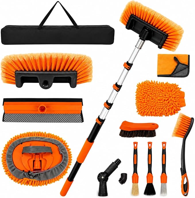 12FT Car Wash Brush with Long Handle Extension Pole Soft Bristle Car Cleaning Kit,Wheel & Tire Brush,Microfiber Wash Mop & Mitt,Window Squeegee,Detailing Brushes for Car RV Truck Boat House