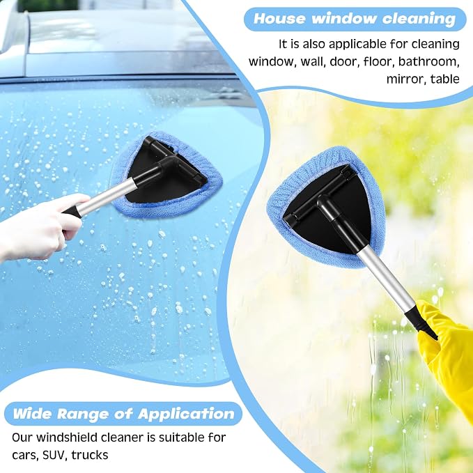 Potchen 8pcs Car Windshield Cleaner Tool with Extendable Handle, Light Blue | with Microfiber Towel Pads, Brush, Empty Spray Bottle, Car Window Cleaner for Auto Glass Wiper Suvs Rvs & Home Windows