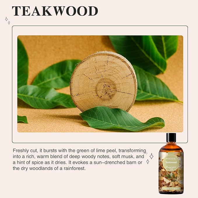 PHATOIL Teakwood Fragrance Oil for Diffuser Aromatherapy 3.38FL.OZ | Long Lasting Scented Oils For Humidifier, Air Freshener, DIY Soap Candle, Scent Project Making, Aroma Oil for Home Freshening