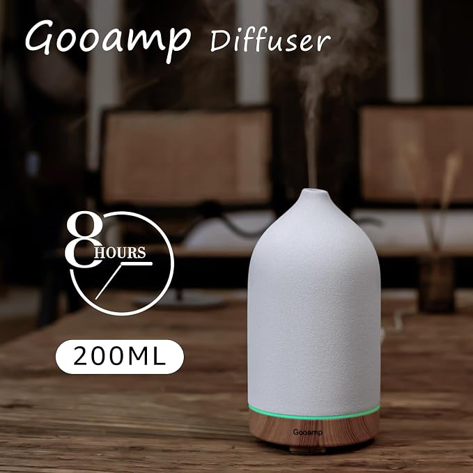 200ML Ceramic Essential Oil Diffuser for Home, Stone Diffuser | Ultrasonic Aromatherapy Diffuser & Air Humidifier for Bedroom, Office, Yoga, 7 LED Lights, Auto Shut-Off, 3 Timers,Wood Grain