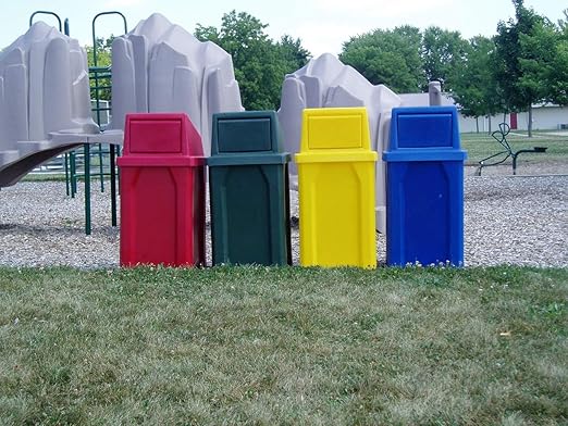 32 Gallon Square 100% Recycled Plastic Heavy Duty Outdoor Trash Can with Push Lid - Great for Schools and Businesses - Red
