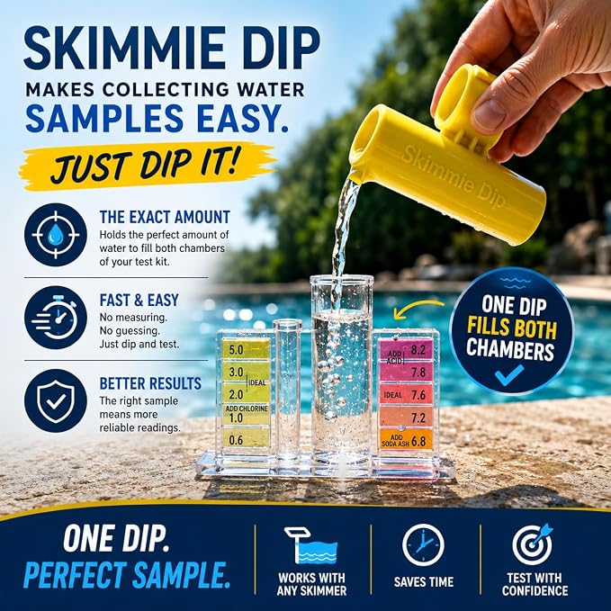 The Skimmie (Long Version) Pool Skimmer Net & Pole 53" with Stainless Steel Hook, Two Skimmer Basket Handles, Fine Mesh Net & Skimmie Dip - Hands-Free Removal of Debris, Bugs, Frogs, Small, Animals