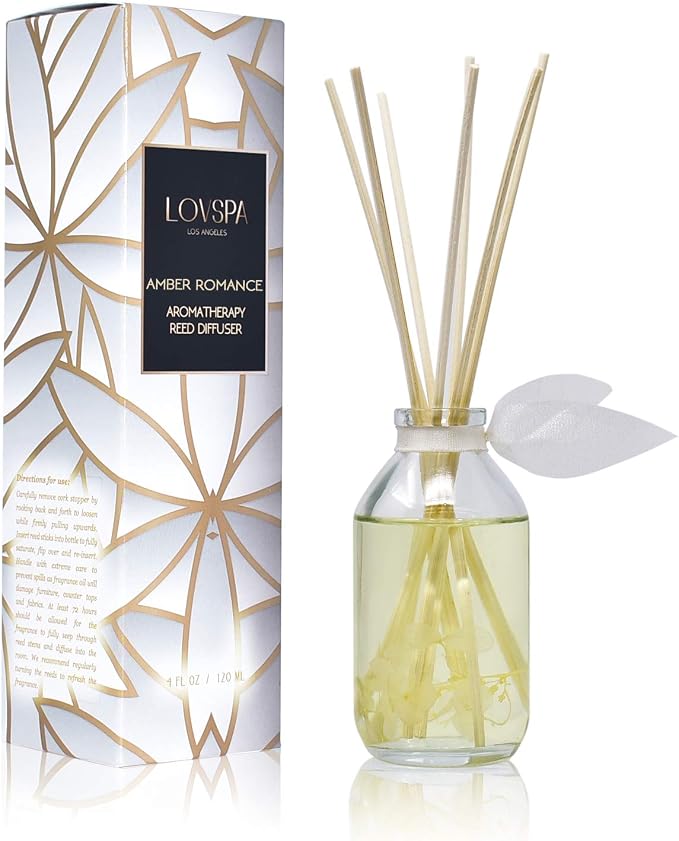 Reed Diffuser Set - Amber Romance Scented Diffuser with Sticks | Home Fragrance Reed Diffuser for Bedroom, Bathroom Shelf Décor, with Real Florals in the Bottle - Made in the USA
