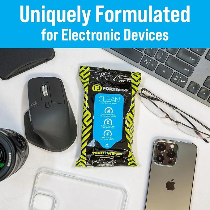 Fortress Electronic Wipes (25 ct.) To-Go Tech Wipes for Screens, Phones, Keyboards, TV Monitors, Computer Screens [Travel Size] Skin-Safe
