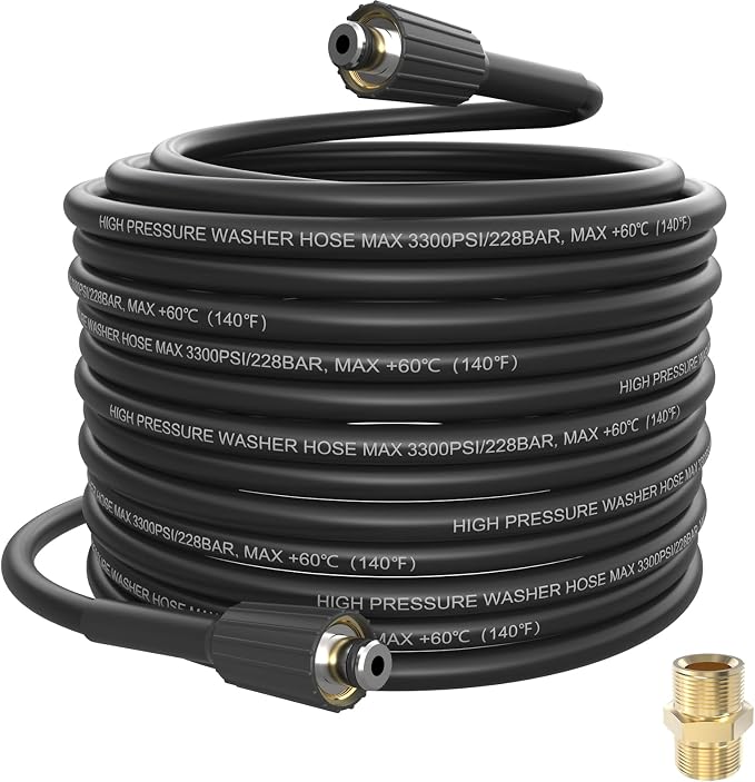 PVC Pressure Washer Hose 50 FT x 1/4", Kink Resistant Power Washer Hose, High Pressure Water Hose Extension Replacement for Home Use with M22-14mm Brass Fittings, 3300 PSI, Black