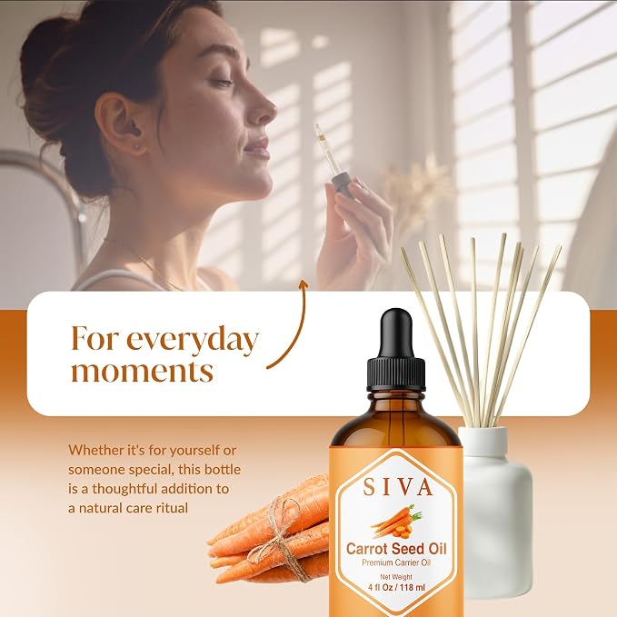 SIVA Carrot Seed Carrier Oil, Glass Bottle with Dropper, 4 Fl Oz (118 ml) | Carrot Seed Oil for Face Care, Skin Care, Facial Oil, Hair Care, Scalp Massage, Body Massage, Dilution & DIY Beauty Blends