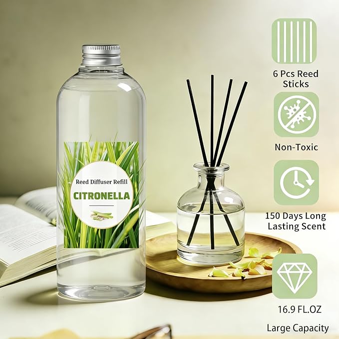 STRN Citronella Reed Diffuser Oil Refill, Scented Diffuser with Stick 200ML | Summer Long-Lasting Fragrance for Living Room, Bedroom, Office, Home Décor