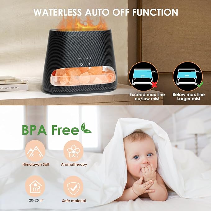 SALKING 2-in-1 Ultrasonic Essential Oil Diffuser & Himalayan Salt Lamp, Aromatherapy Diffuser Cool Mist Humidifier with Auto Off Function, Pure Himalayan Pink Salt Rock, 150ml (Carbon Black)