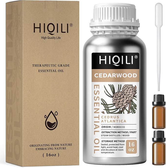 HIQILI Cedarwood Essential Oil for Diffuser, Aromatherapy & Massage | Ideal for DIY Blends, Skin Care, Massage, Soap & Candle Making, Home Use, Relaxing Atmosphere —500mL / 16 fl.oz