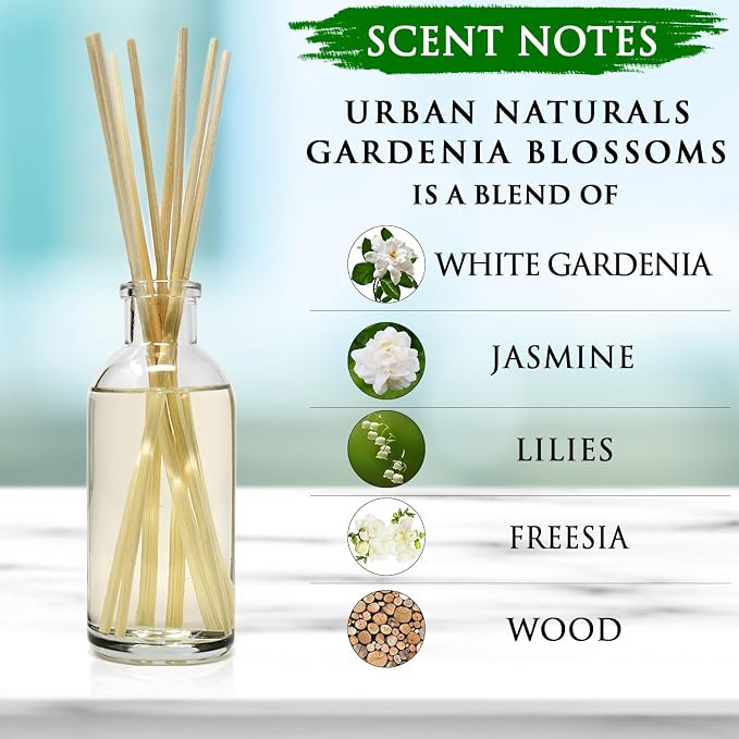 Reed Diffuser Set, Gardenia Blossoms - Bathroom Shelf Décor | Jasmine, Ylang-Ylang Scent Notes for a Continuous Air Freshener Scent