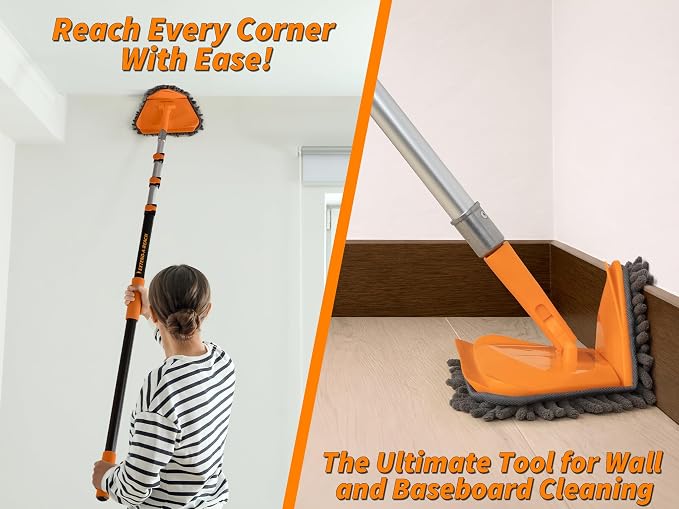 4-12 ft Wall Cleaner Tool with Extension Pole for Baseboards and Walls | 3-in-1 Wall Washer Mop for Painted Walls, Windows and High Ceilings // Long Handle Cleaning Mop with 4 Replacement Pads