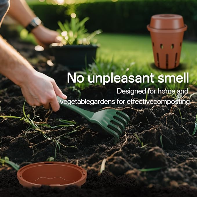Inground Worm Composter, Mini Underground Worm Farm for Garden Beds, Outdoor Worm Compost Bin for Food Waste, Vermicomposting Bin for Beginners, Elderly, Children (7x7x7.4Inch), Tan, 4-Pack