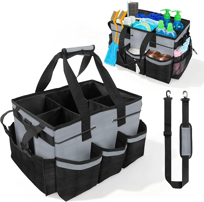 ALSLEA Large Cleaning Caddy Bag 15" x 10½" x 9" Heavy-Duty Organizer Tote for Home, Housekeepers, Janitors Cleaning Caddy for Cleaning Supplies with Shoulder Strap & Multiple Pockets (Gray)