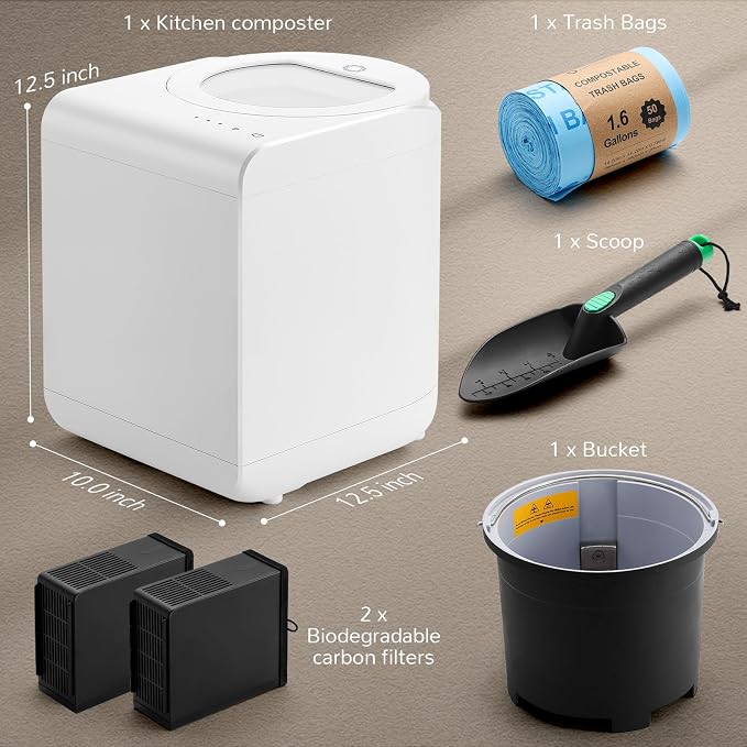 Airthereal R500-V Electric Composter, Visual Glass Cover, 2.5L, Pearl White | Visual Glass Cover, Upgraded SHARKSDEN Tri-blade, 90% Reduction in Waste Volume