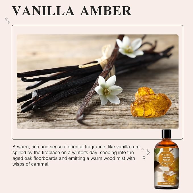 PHATOIL Vanilla Amber Fragrance Oil for Diffuser Aromatherapy 3.38FL.OZ | Long Lasting Scented Oils For Humidifier, Air Freshener, DIY Soap Candle, Scent Project Making, Aroma Oil for Home Freshening