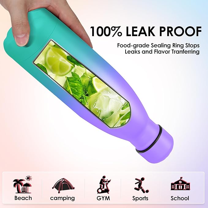 25oz Cola-Bottle Shaped Stainless Steel Leak-proof Water Bottle,Double Wall Vacuum Insulated Metal,Travel Mug For Sports Indoors & Outdoors,BPA-Free Kids Flasks,Purple Green(2 Pack)