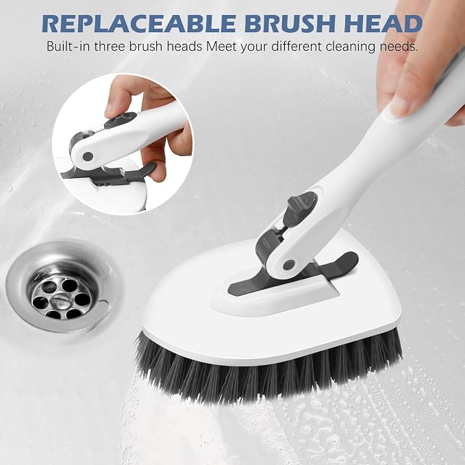 SetSail Tile Tub Floor Scrubber with V-Shaped Grout Brush, White Grey | with 3 Detachable Replacement Brush Head, Multi-Angle Cleaning Locks at 45°, 90°, 180° for Bathroom Kitchen Walls Tub Tile