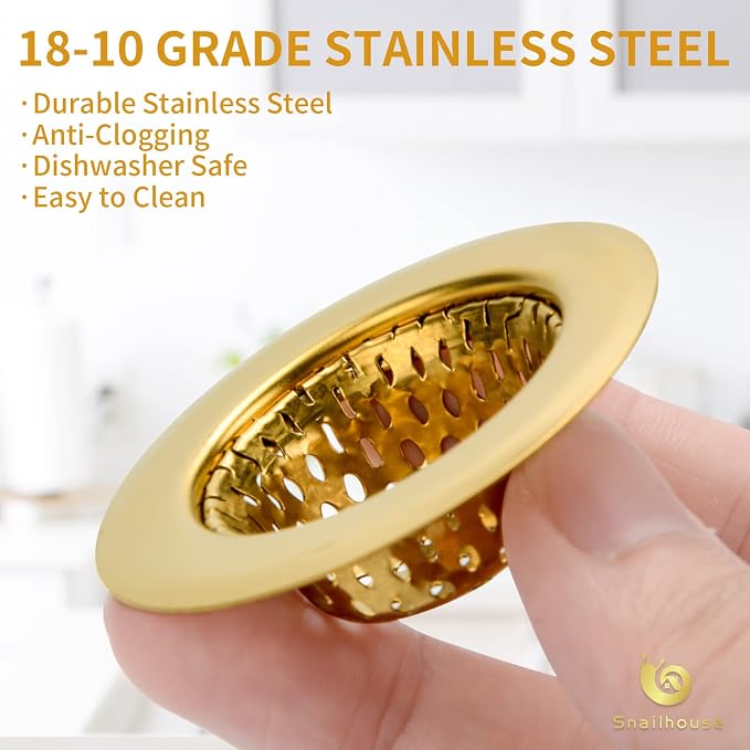 Snailhouse Bathroom Sink Strainers, 2 Pack 2.17 Inches Stainless Steel Small Mesh Utility Sink Drain Stopper Basket Cover Plug Screen, Gold