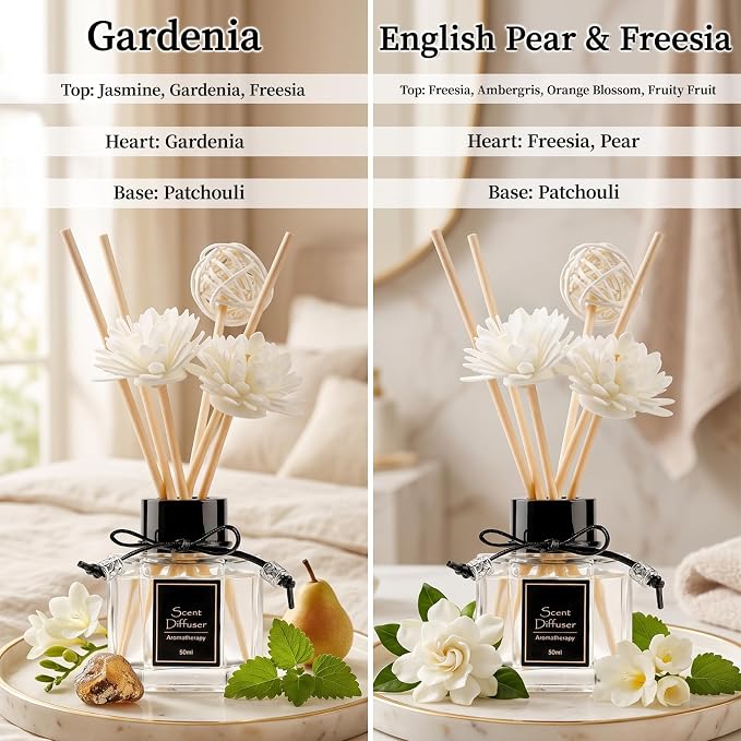 English Pear&Freesia + Gardenia Reed Diffuser Set of 2 for Bathroom, 1.7 fl oz Essential Oil Diffuser Sticks | Home Air Freshener Fragrance with 6 Reeds for Diffuser | Smell Good for Home Shelf Decor