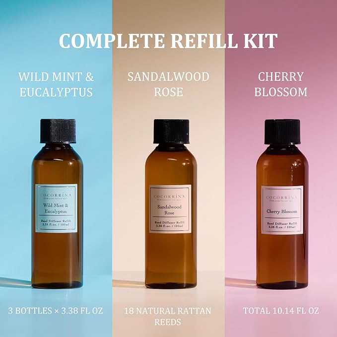 Reed Diffuser Refill Set, 10.2oz Scented Oil Refill 3 Pack, Sandalwood Rose, Cherry Blossom, Wild Mint & Eucalyptus, Long Lasting Oil Diffuser Refill with18 Sticks for Bathroom & Bedroom