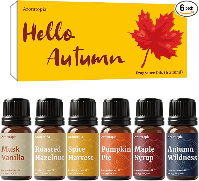 Diffuser Essential Oils, Aromtopia Fall Fragrance Oil for Candle Making, Essential Oils for Diffusers for Home, 6x10ml Autumn Set, Soap Making Scents, Pumpkin Pie, Musk Vanilla, Autumn Wildness, More