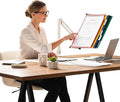 Tarifold Swing Arm Reference Display System, 10 Pockets, Assorted Colors | Adjustable swing arm with table clamp, 360-degree swivel design, 10 double-sided pockets, holds 20 letter-size sheets
