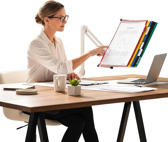 Tarifold Swing Arm Reference Display System, 10 Pockets, Assorted Colors | Adjustable swing arm with table clamp, 360-degree swivel design, 10 double-sided pockets, holds 20 letter-size sheets