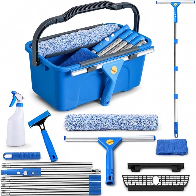 Professional Window Cleaning Kit with 76" Pole,Bucket 3 Gallon,Streak-Free | Includes14"Silicone Squeegee,Microfiber Scrubber,Towel Window Washing for Home, Outdoor, Car & Commercial Use