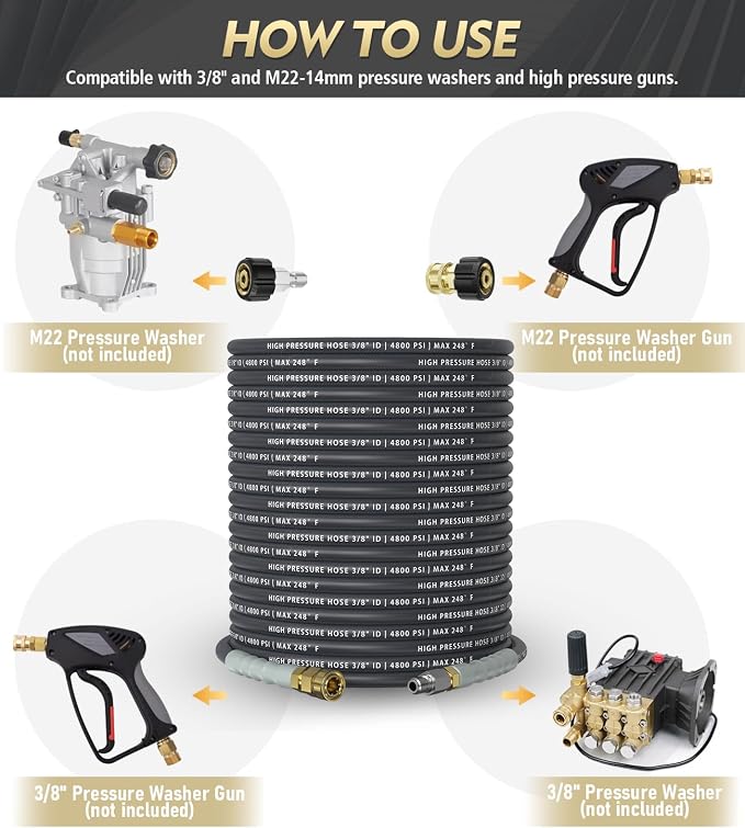3/8" 4800PSI Pressure Washer Hose 50FT with 360° Swivel Quick Connect, Flexible & Kink Resistant Steel Wire Braided & Durable for Hot/Cold Water, High Power Washer Hose With M22 14mm Adapter